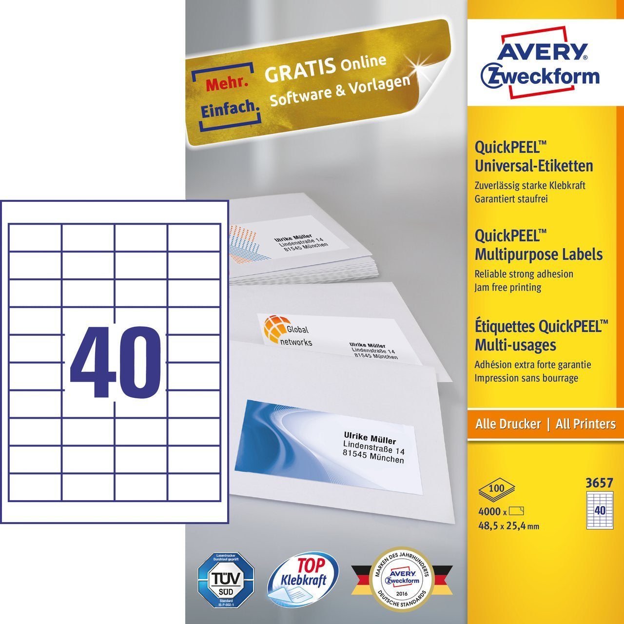 Avery 3657 – Etiketten A4 52,5 x 29,7 mm – 40 pro Blatt, 100 Blätter – Papier, weiss – permanent haftend