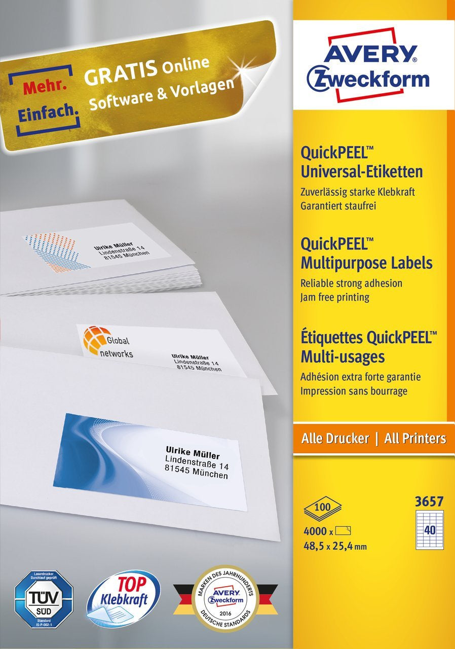 Avery 3657 – Etiketten A4 52,5 x 29,7 mm – 40 pro Blatt, 100 Blätter – Papier, weiss – permanent haftend