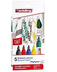 Edding Textilmarker für Textilien – sortiert (schwarz, rot, blau, gelb, grün)