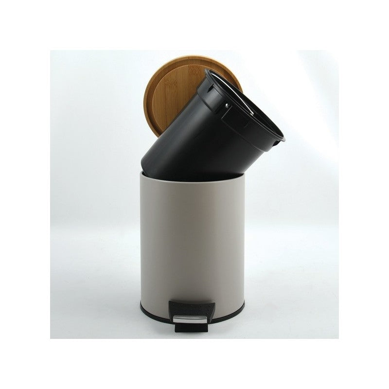 Spirella Papierkorb – 5 L – mit Deckel, Stahl, Bambus, Grau – Ø 205 × H 255 mm