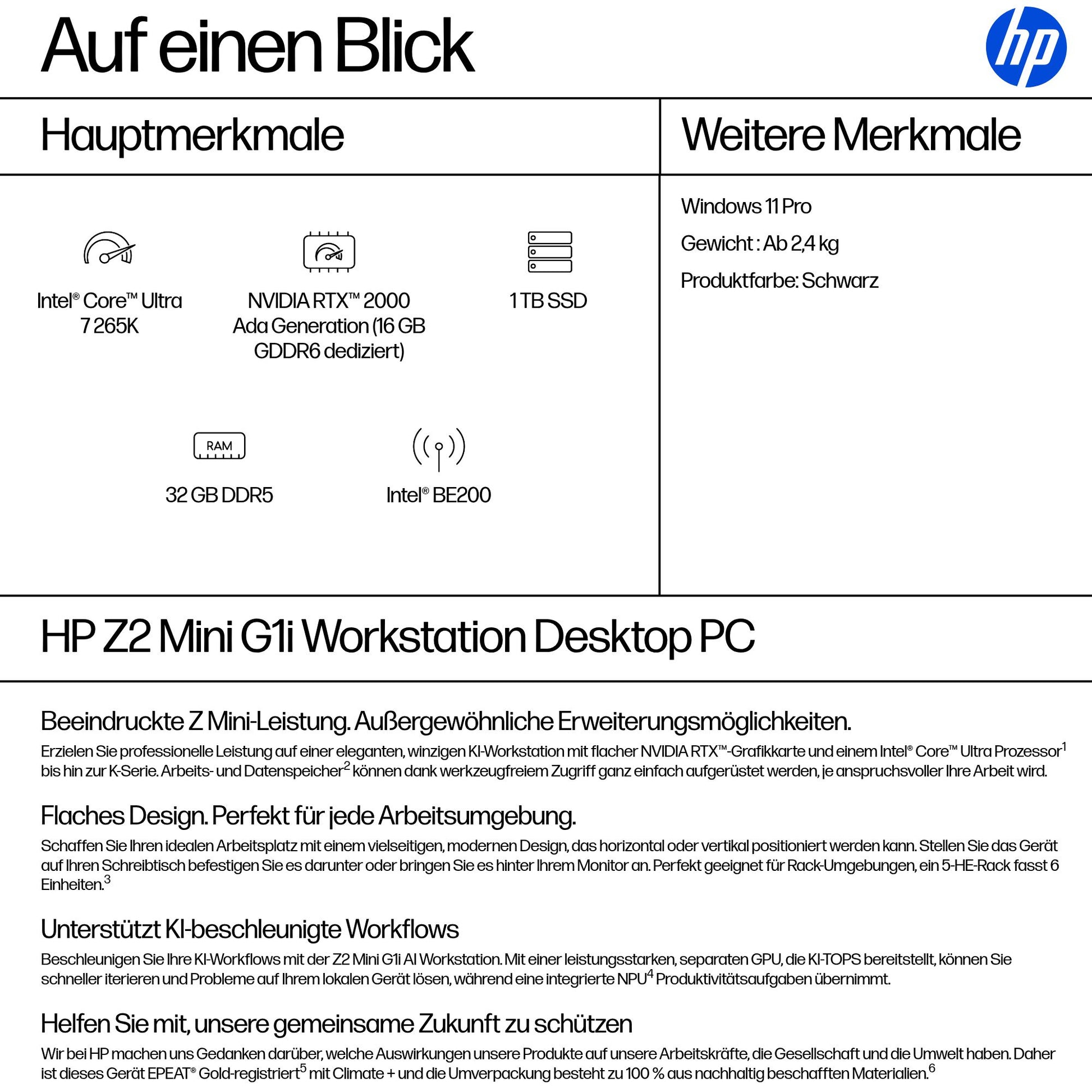 HP Micro – Intel Core Ultra 7 265K, 32 GB RAM, 1 TB SSD, NVIDIA RTX 2000 Ada 16 GB, Windows 11 Pro