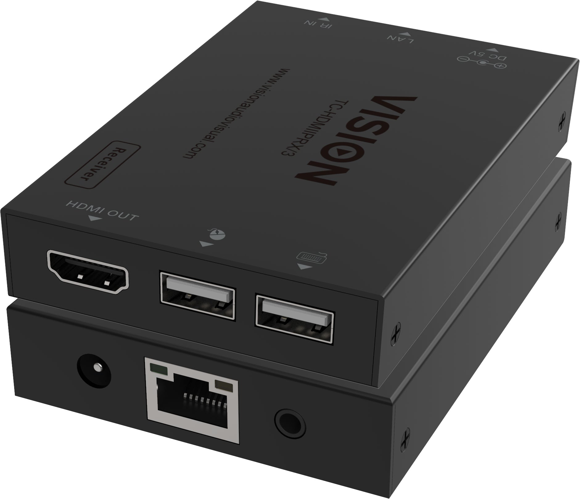 Vision HDMI-over-IP Empfänger, über IP, 1920 × 1200@60 Hz, 1× HDMI Eingang, 1× RJ‑45 Eingang, 2× USB‑A, HDCP 1.4, H.265