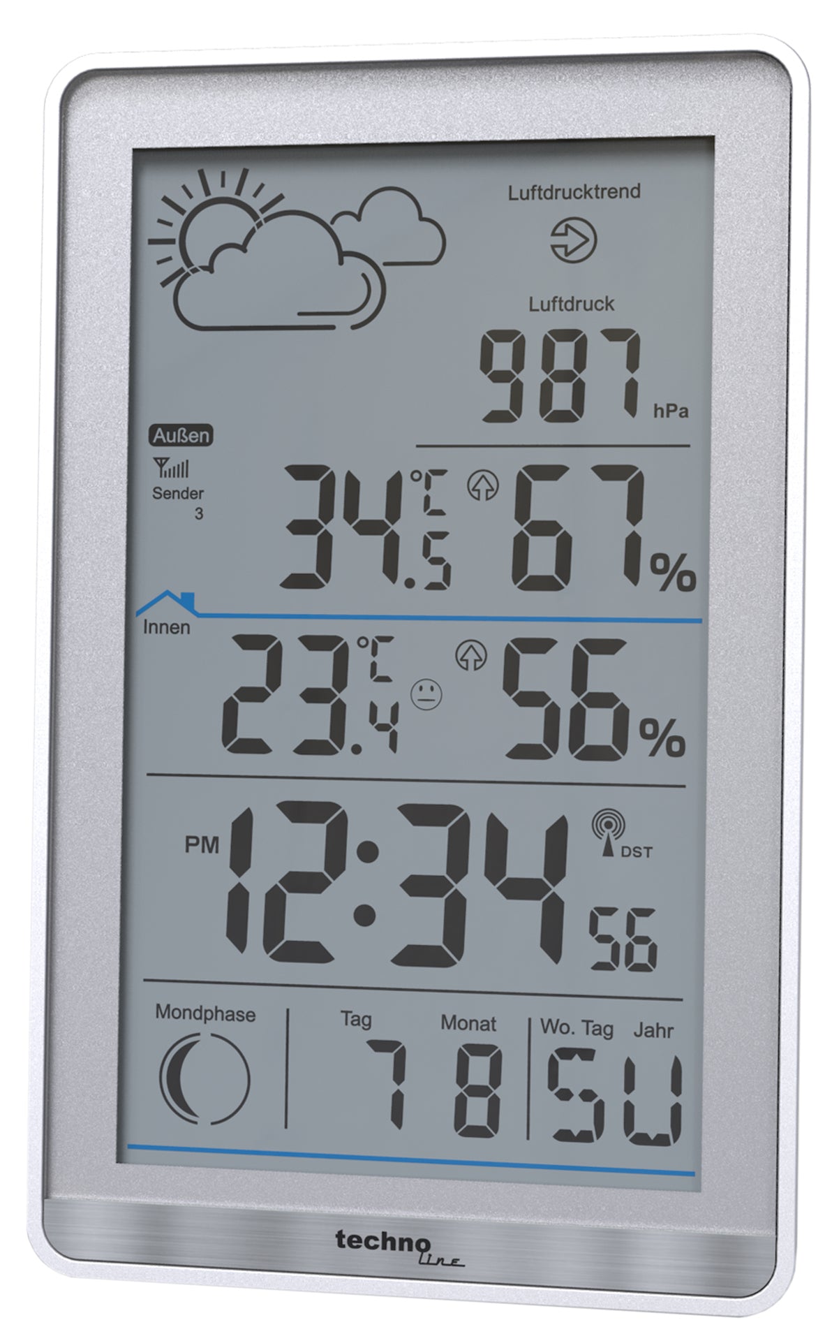 Technoline WS 9218 – Wetterstation, innen/aussen, Hygrometer & Barometer, inkl. Aussensensor – grau