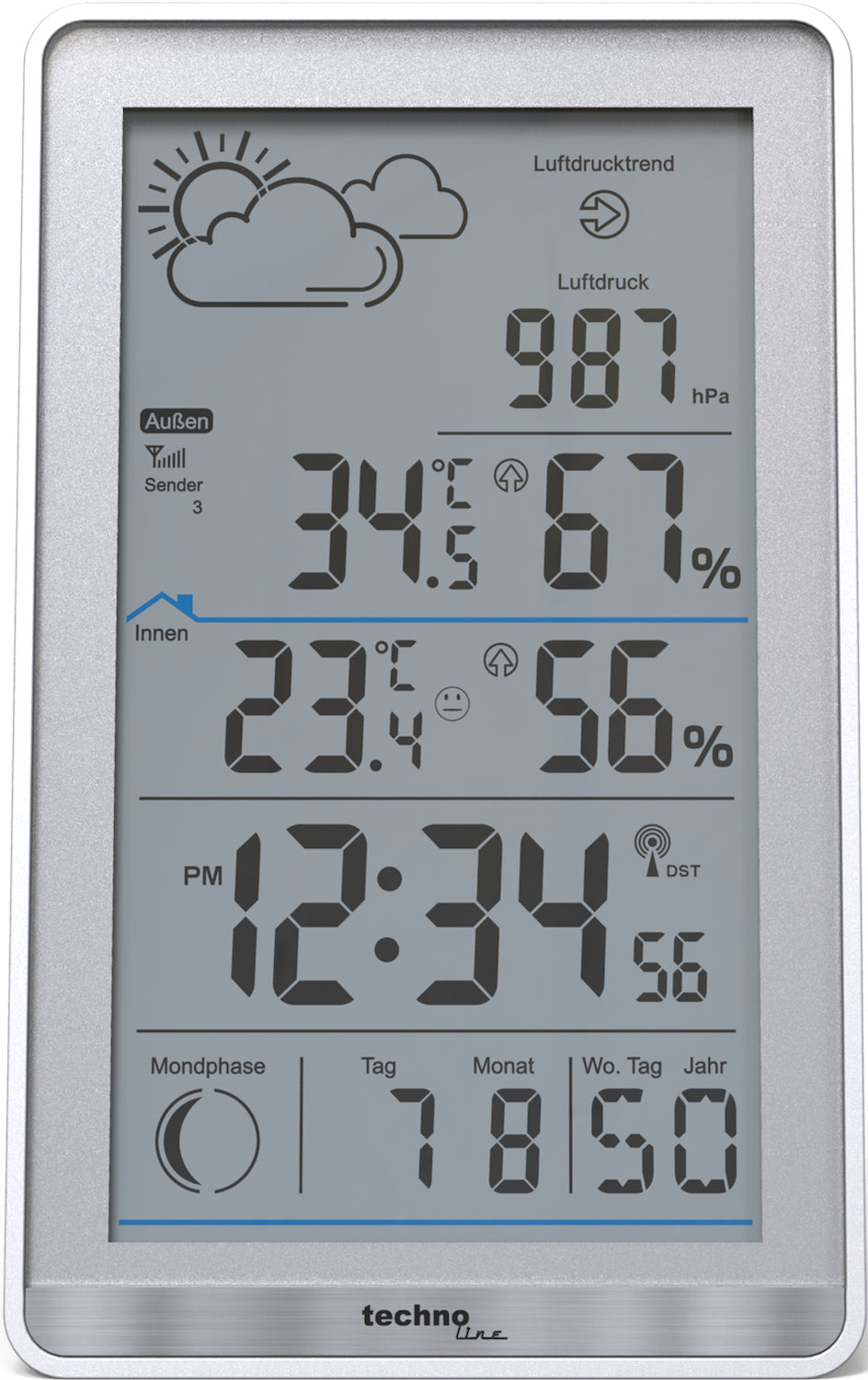 Technoline WS 9218 – Wetterstation, innen/aussen, Hygrometer & Barometer, inkl. Aussensensor – grau
