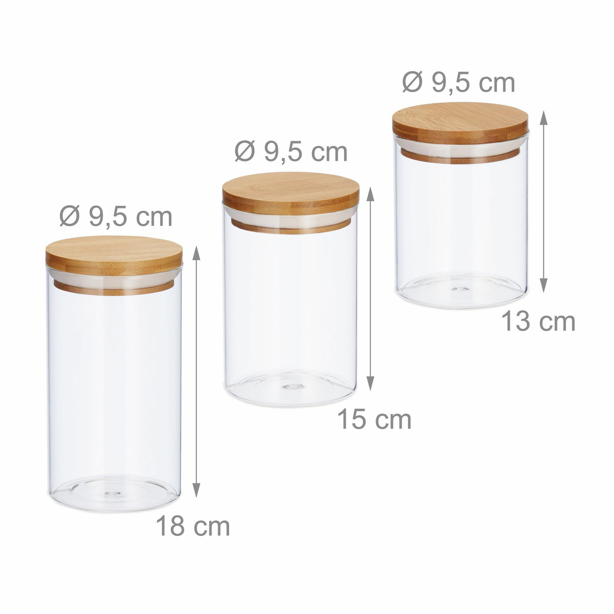 Relaxdays Vorratsdose 1 l, Ø 9,5 × 18 cm, Glas/Bambus/Silikon, Transparent/Hellbraun, 3 Stk.