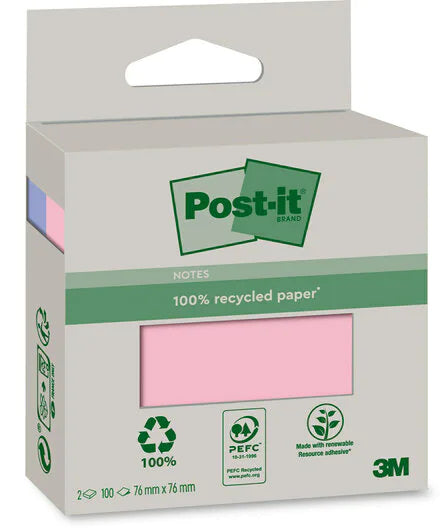 3M Post-it Haftnotizen – 76 × 76 mm – sortiert, 100 Blatt/Block, 2er-Pack, 100% Recycling