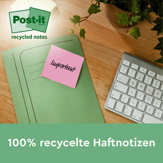 3M Post-it Haftnotizen – 76 × 76 mm – sortiert, 100 Blatt/Block, 2er-Pack, 100% Recycling