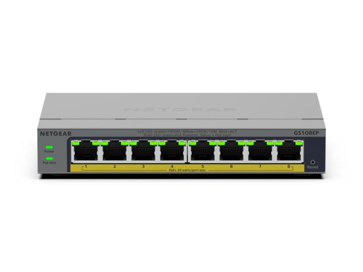 NETGEAR GS108EP – Managed L2/L3 Switch – 8× 1G, 8× PoE+, PoE-Budget 62 W