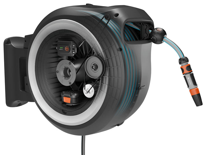 Gardena PowerRoll Schlauchbox 40 m – Akku, Wandmontage, frostbeständig, mit Ausguss, Anthrazit/Weiss