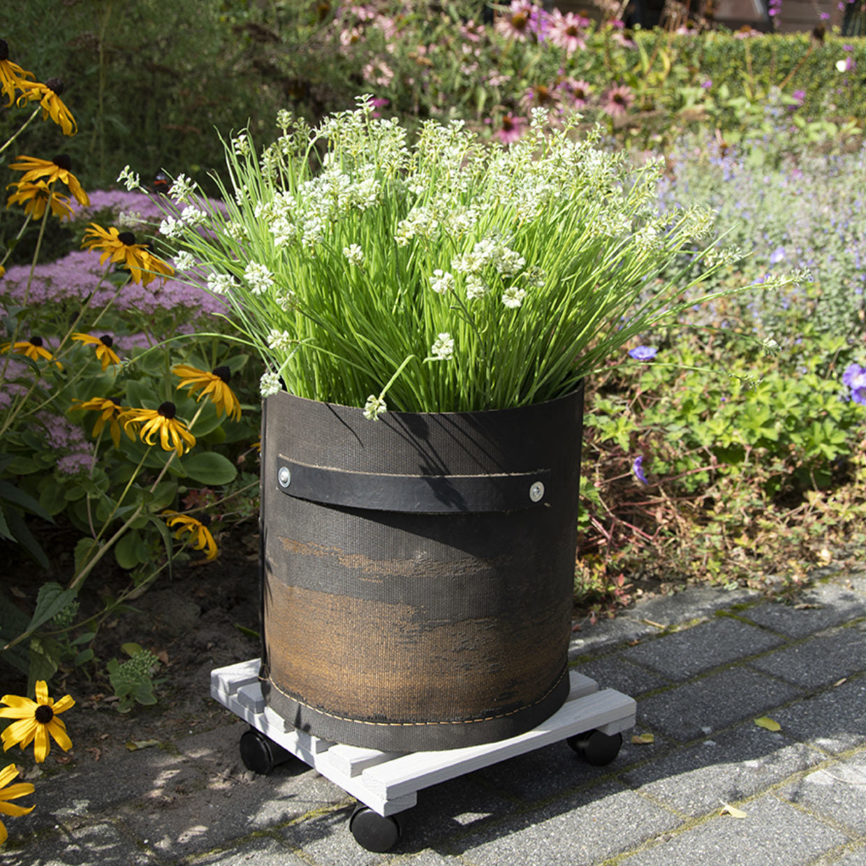 Esschert Design Blumenkübeluntersetzer – Kieferholz/PA/PP – Grau/Schwarz – mit Rollen – 292 × 85 × 292 mm