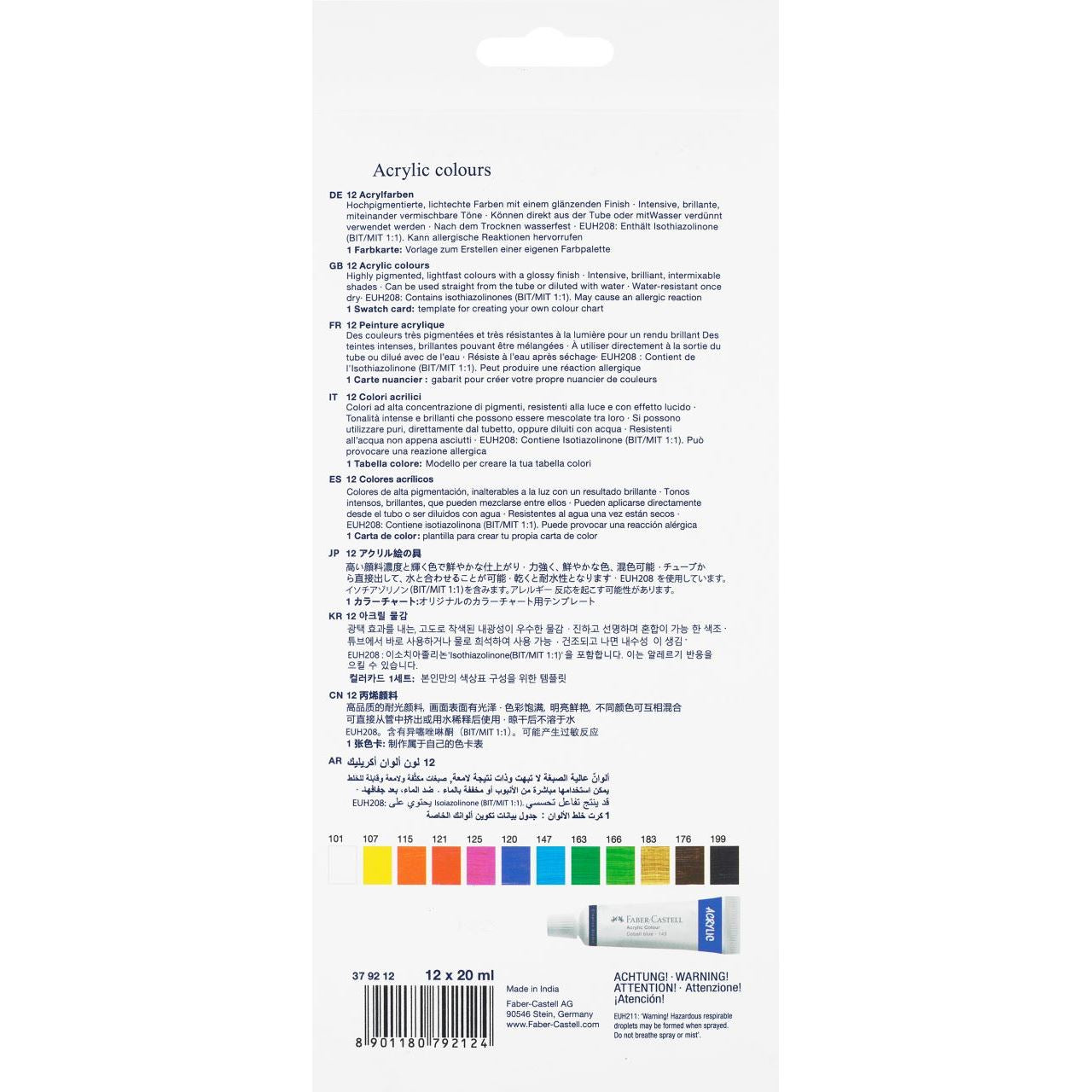 Faber-Castell Acrylfarbe – 12 Farben (Mehrfarbig), verwischbar – 12×20 ml (240 ml)