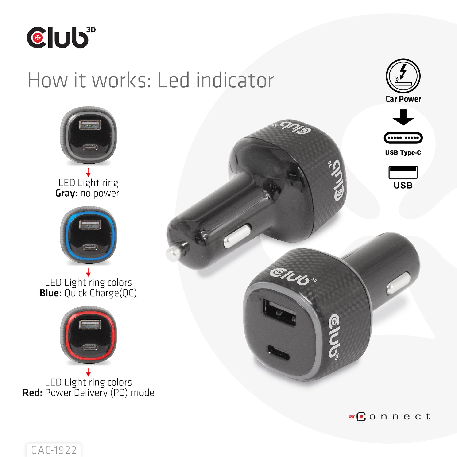 CLUB3D Club 3D CAC-1922 Auto-Ladegerät 63 W – USB-C×1, USB-A×1 – für 12–24 V Bordnetz