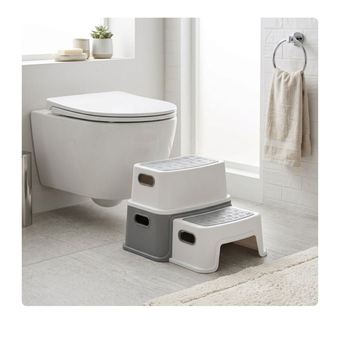 Relaxdays Tritthocker für Kinder 2 Stufen – Kunststoff (PP/TPE) – Grau/Weiss – 330 × 255 × 385 mm – 75 kg
