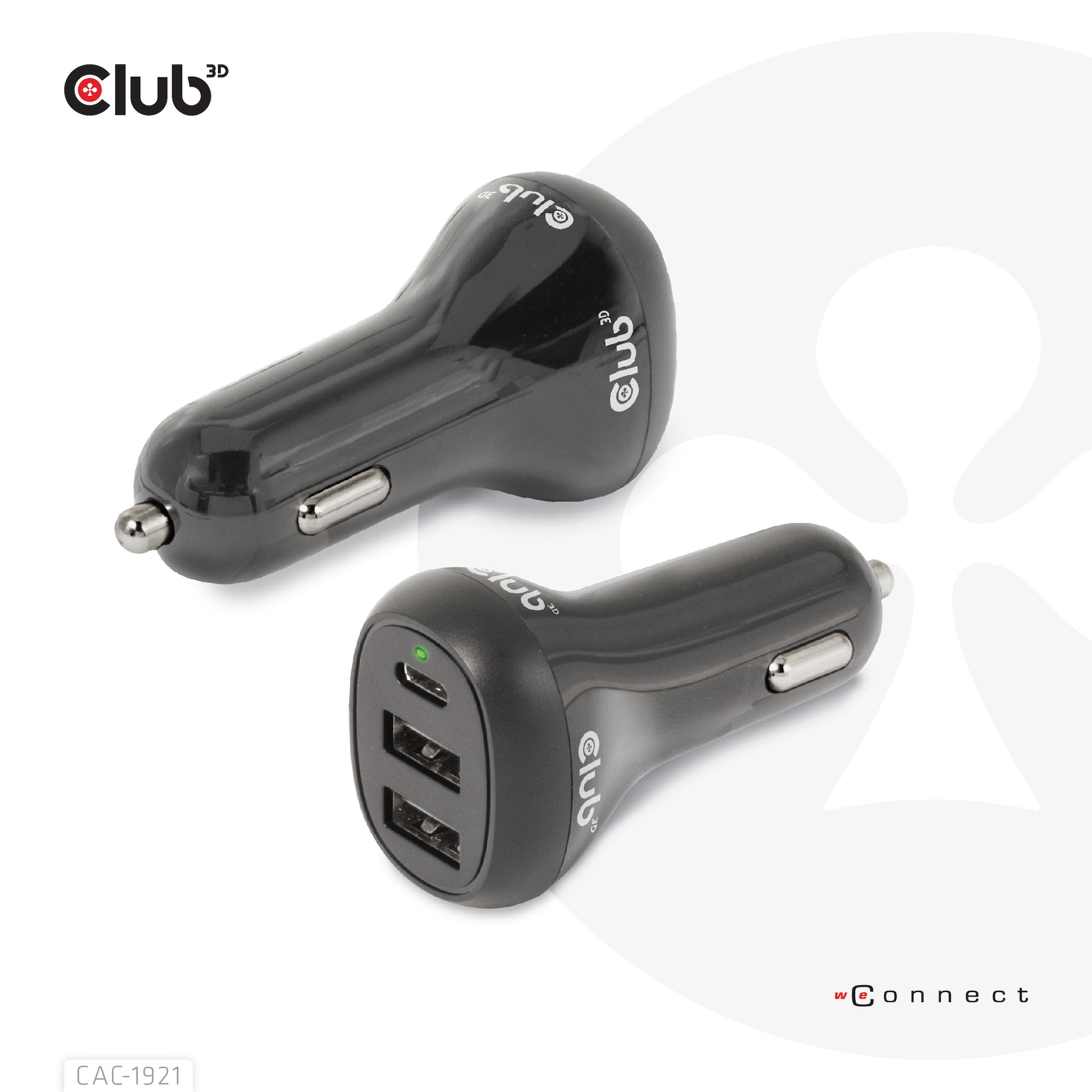 CLUB3D Club 3D CAC-1921 Auto-Ladegerät 36 W – USB-C×1, USB-A×2 – 12–24 V – Schwarz