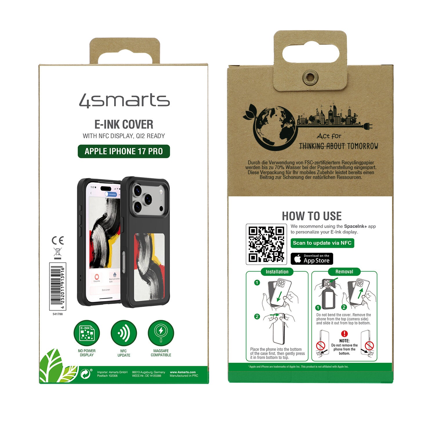 4smarts E-Ink Backcover für Apple iPhone 17 Pro, MagSafe, PC, Schwarz, NFC-Display