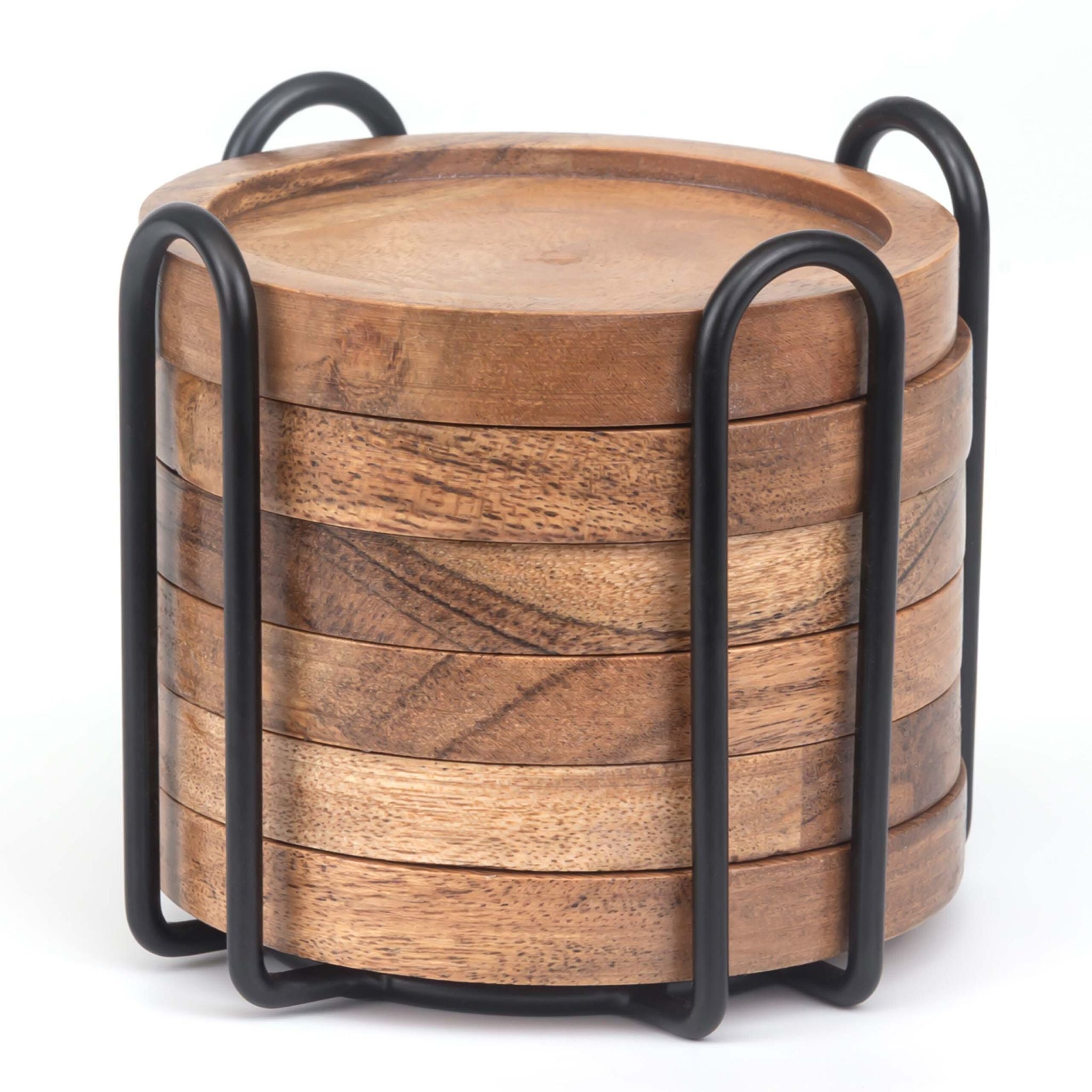 Relaxdays Glasuntersetzer – 7er Set, Ø 10 cm, Holz (Akazie)/Eisen, Braun, inkl. Ständer, rutschfest
