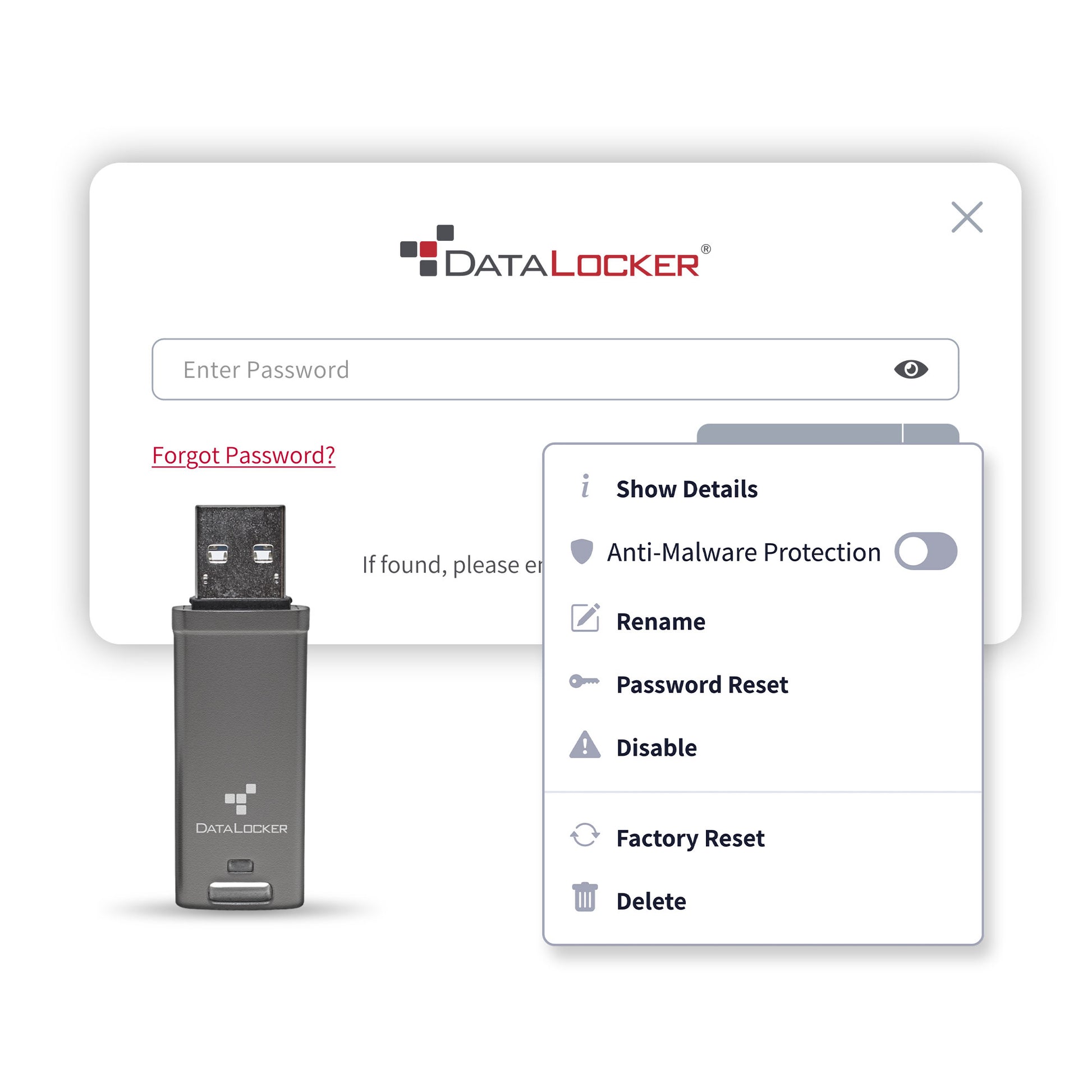DataLocker DL GO – 4 GB USB Typ-A 3.2 Gen 2, 160/120 MB/s, 256-bit AES-XTS, FIPS 197, IP68