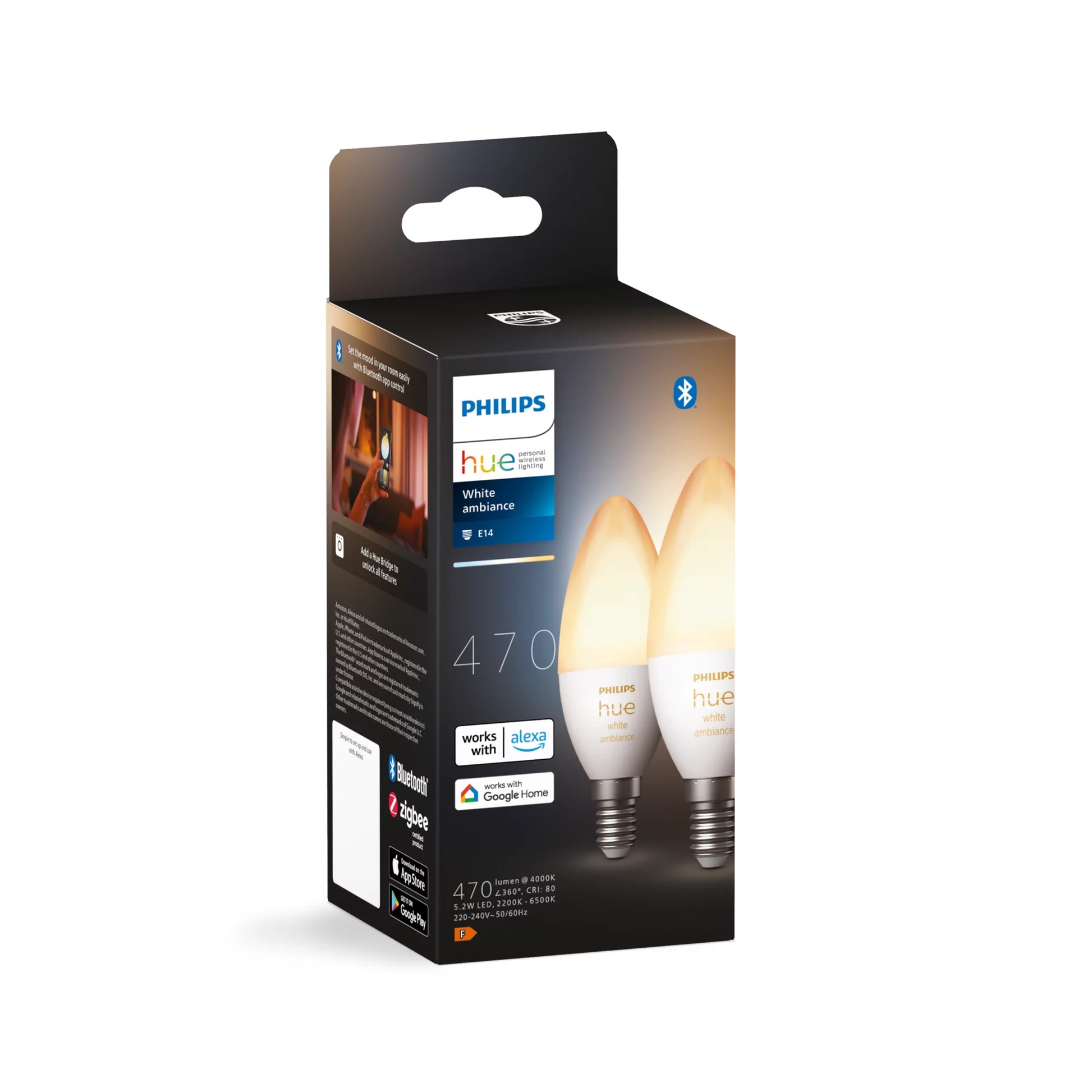 Philips by Signify Philips Hue Smart-Leuchtmittel E14 White Ambience – 470 lm, 2200–6500 K, Bluetooth, App, dimmbar – 2er-Pack