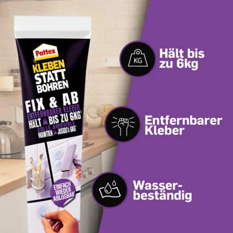 Pattex Kleben statt Bohren Fix & Ab Montagekleber – transparent, wasserfest, für Metall, Glas, 44 g