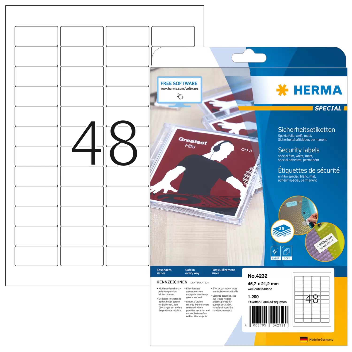 HERMA Etiketten A4 46 × 21 mm – Folie, weiss – permanent haftend – Laser – 48 pro Blatt, 25 Blätter