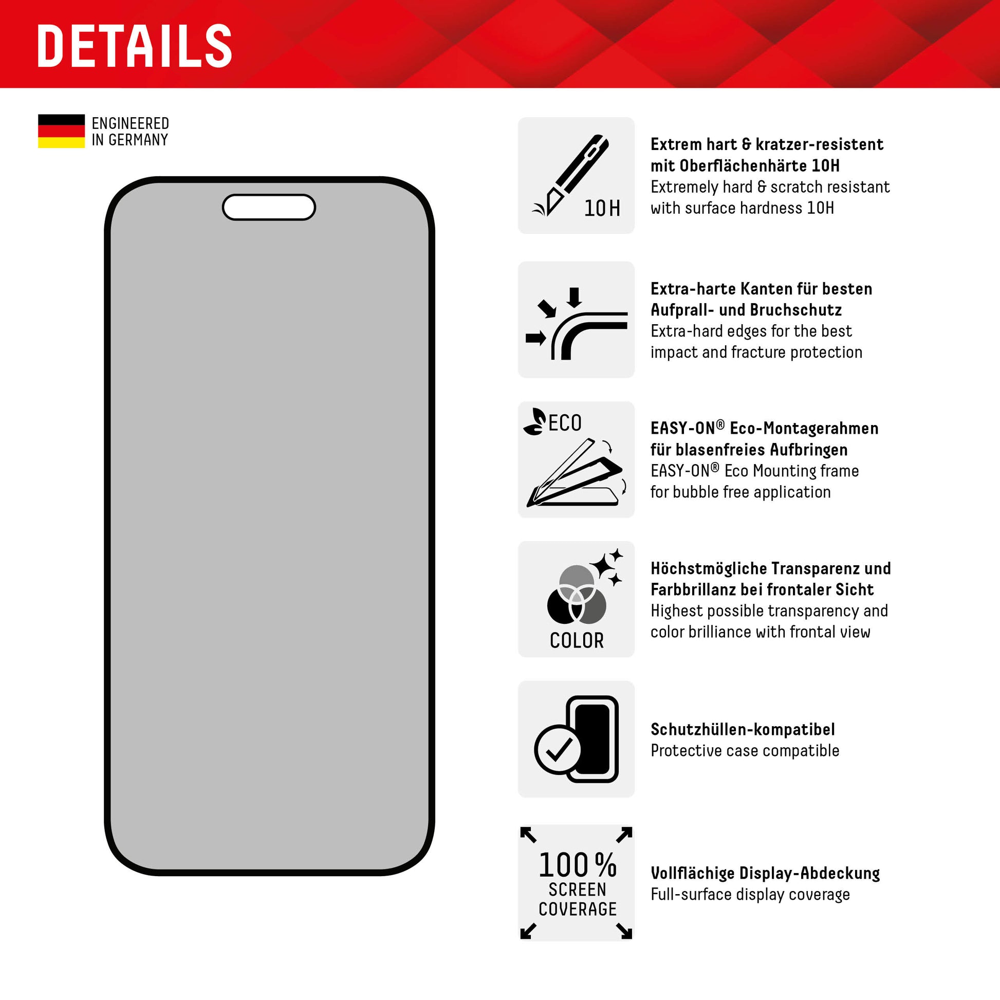 EVI Bildschirmschutzfolie – Displex Privacy Glass, Private Filterungsfunktion, iPhone 15/15 Pro
