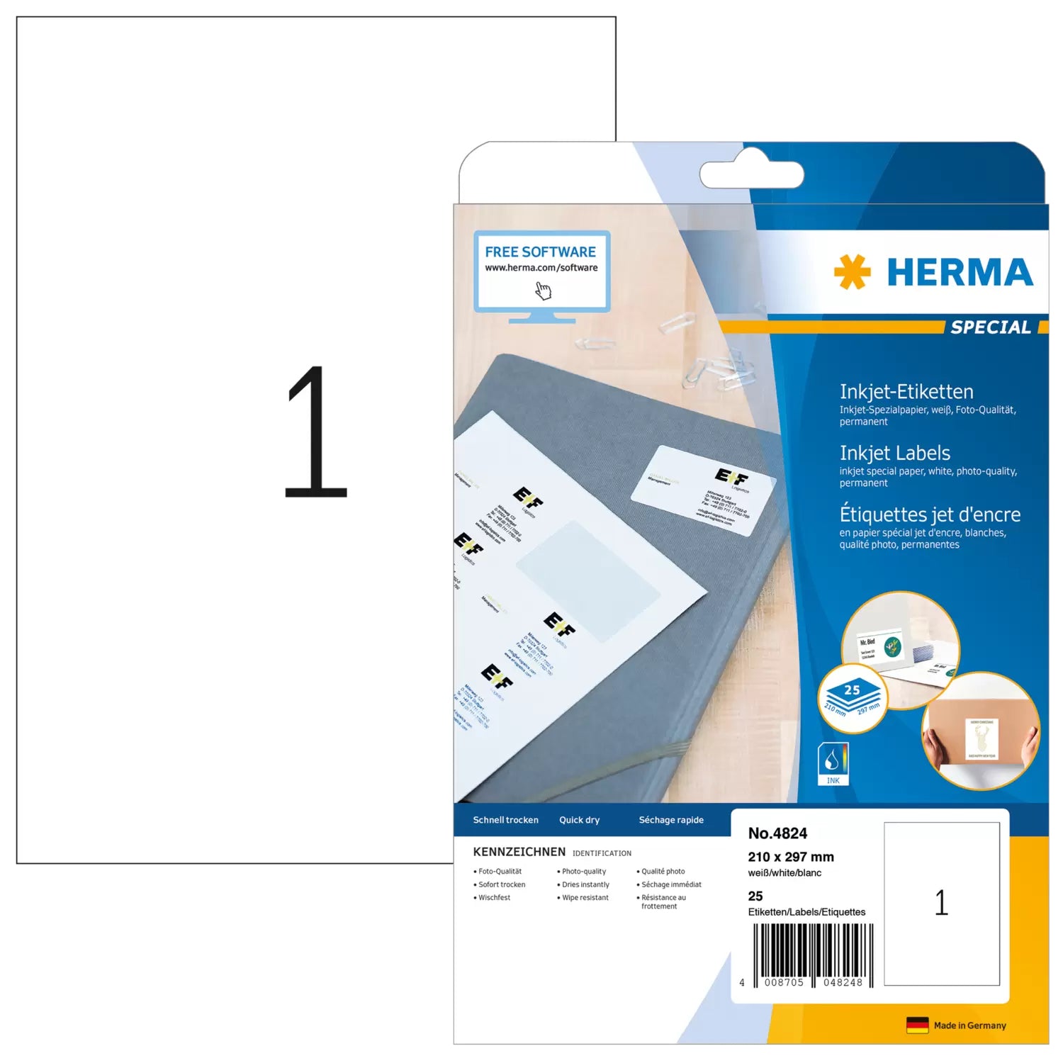 HERMA Druckeretiketten, 210 mm × 297 mm, weiss, Papier, permanent, 25 Blatt