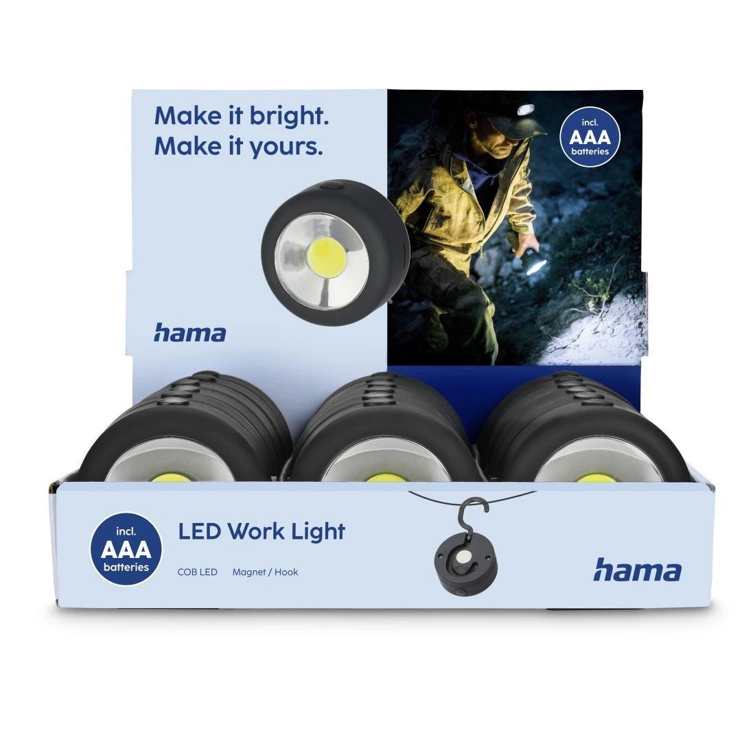 Hama Taschenlampe W140 – 140 lm, COB LED, 3× AAA, Magnet & Haken – Schwarz