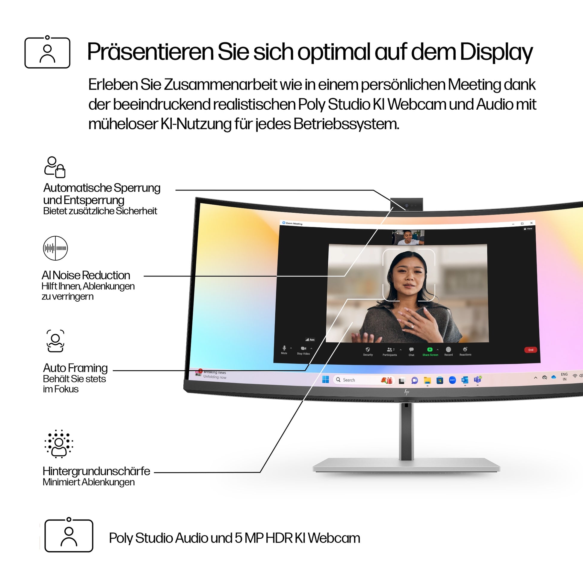 HP 734pm 34 Curved, 3440 x 1440 (UWQHD), IPS Schwarz, 120 Hz, USB-C 100 W, Webcam, KVM, LAN