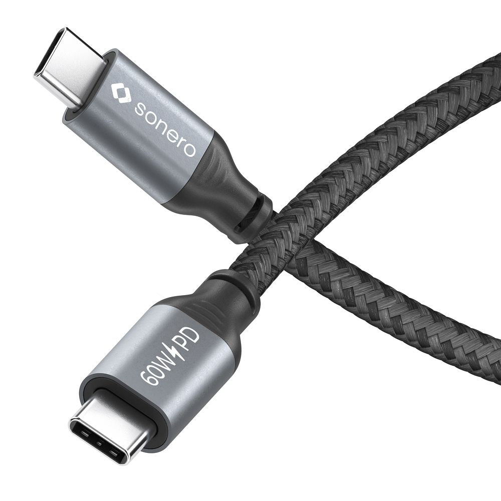 Sonero – USB-C auf USB-C Kabel – USB 2.0 (480 Mbit/s) – 1,5 m – PD 60 W – Baumwolle, Schwarz/Grau