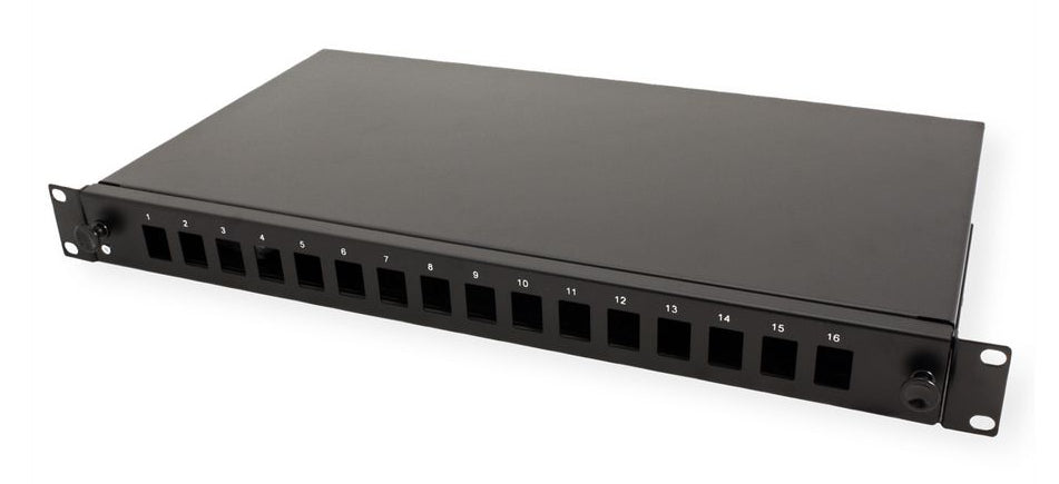 ROLINE 19" Keystone-Modulträger – LWL-Patchpanel, 16× Keystones, ausziehbar, schwarz, 482,6×243×44 mm