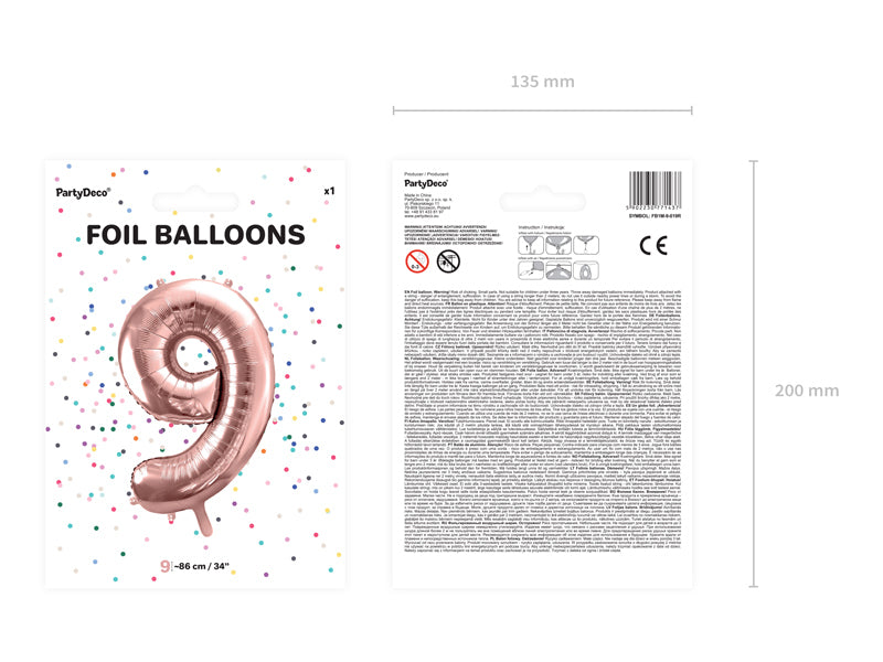 PartyDeco Folienballon Zahl 9 – Roségold – 86 cm – Folie – 1 Stk