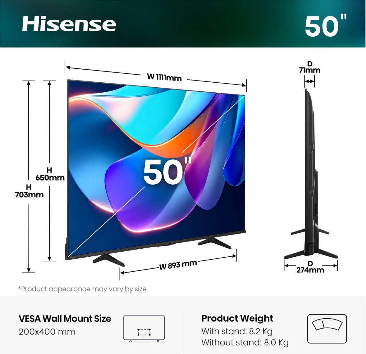 Hisense 50A6S – 50" TV – 4K UHD – LCD (VA) – VIDAA U9.5 – 60 Hz – Dolby Vision, HDR10, HDR10+, HLG