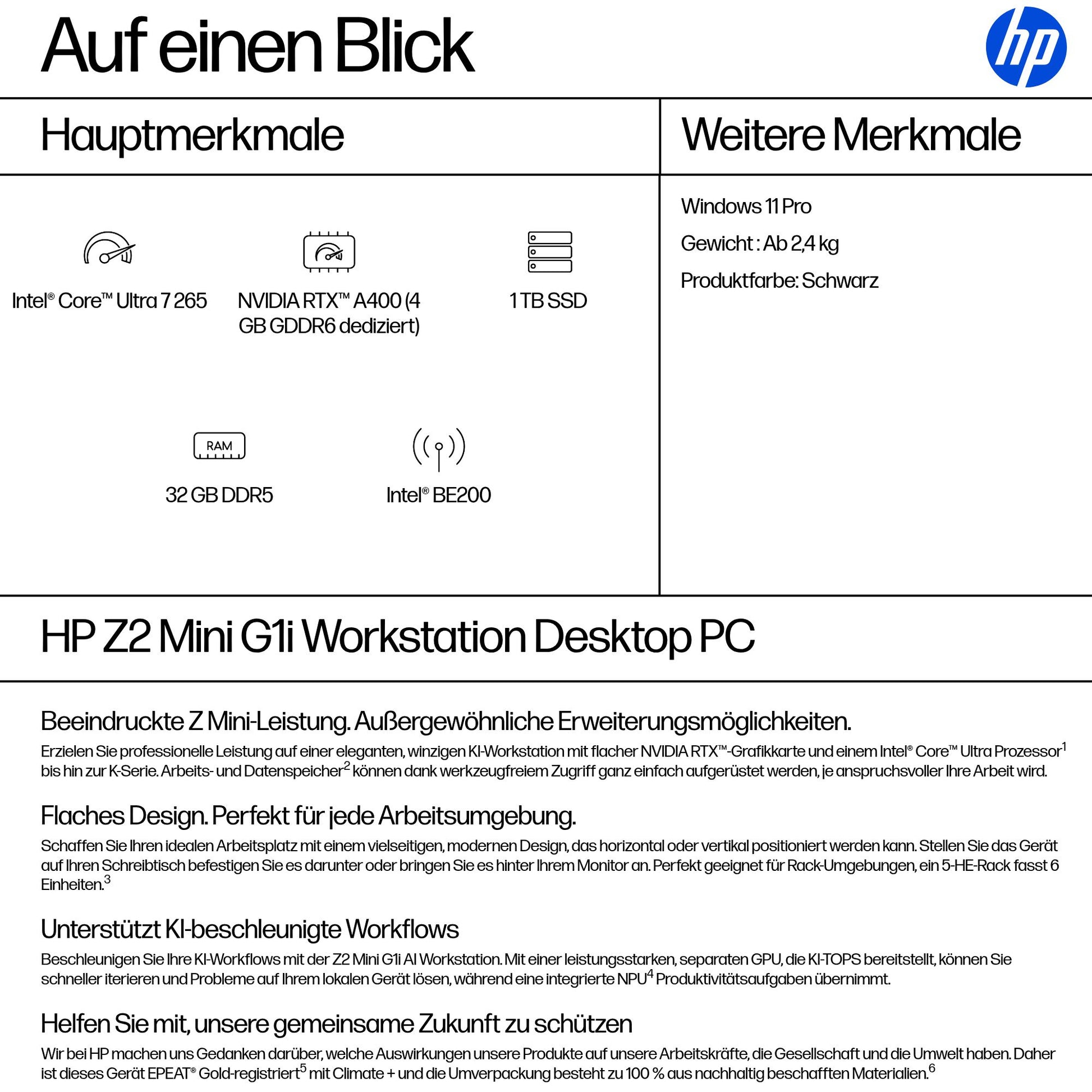 HP Micro – Intel Core Ultra 7 265, 32 GB RAM, 1 TB SSD, NVIDIA RTX A400 4 GB, Windows 11 Pro