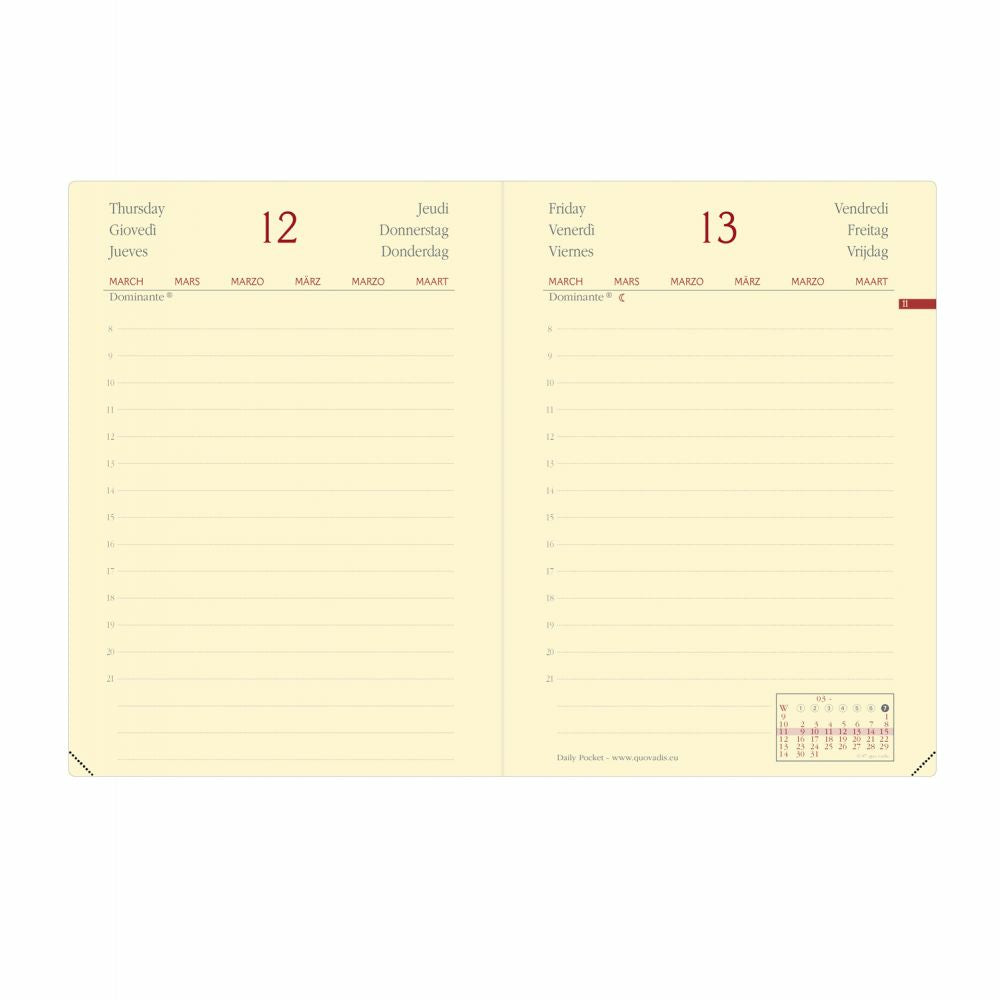 Quo Vadis Silk DailyPocket – Tagesagenda 2027, 1 Tag/1 Seite, 9,5 × 13,6 cm, Gummiband, Burgunder