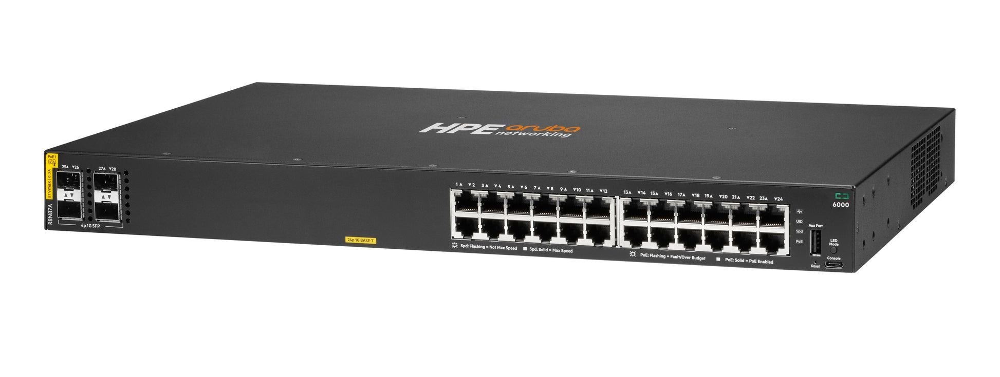 HPE Aruba CX 6000 R8N87A – Managed Switch – 24×GbE, 4×SFP, L3, PoE+ 370 W, 1U