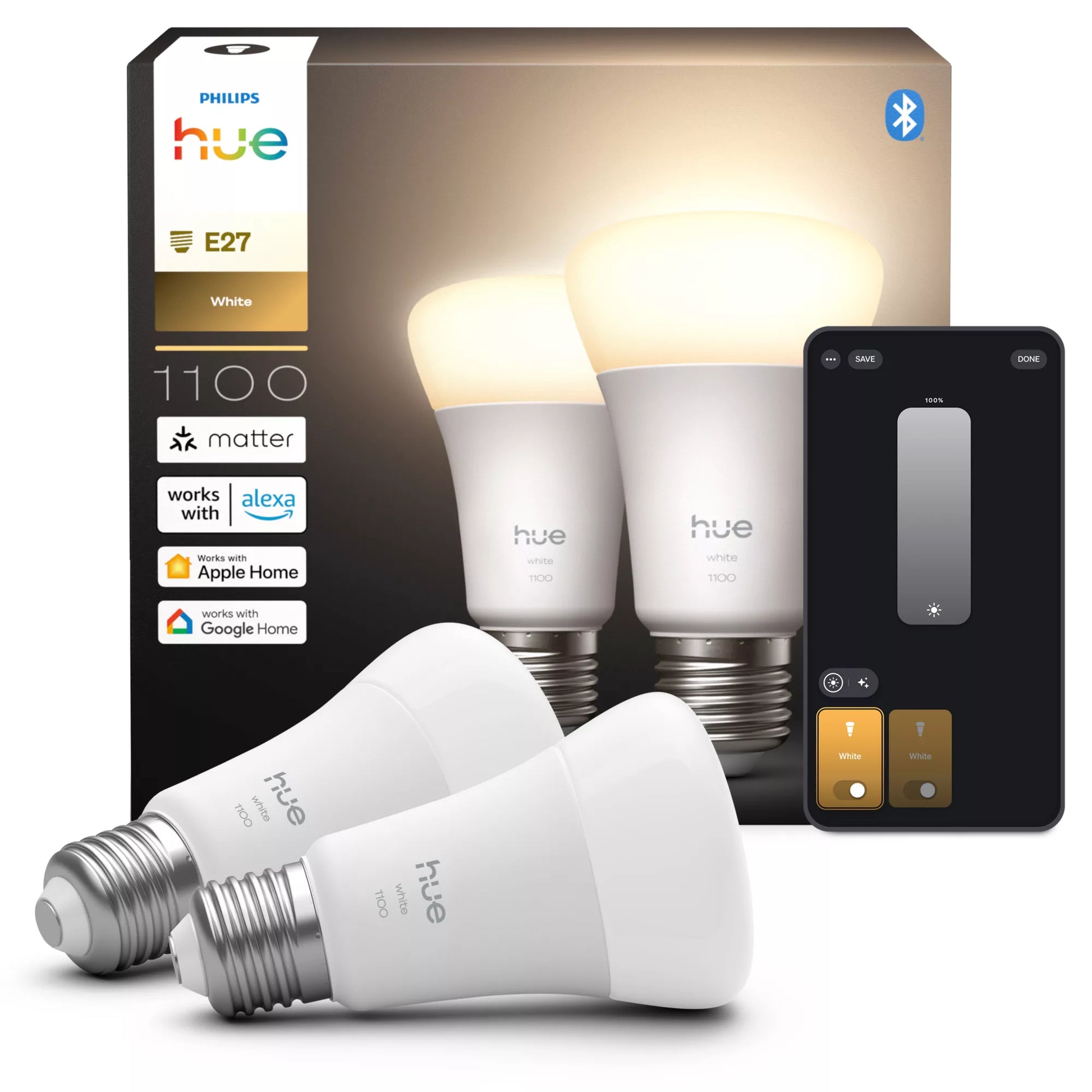 Philips by Signify Philips Hue White – Smart-Leuchtmittel – 1100 lm, 2700 K – für Amazon Alexa, Apple HomeKit – 2er-Set