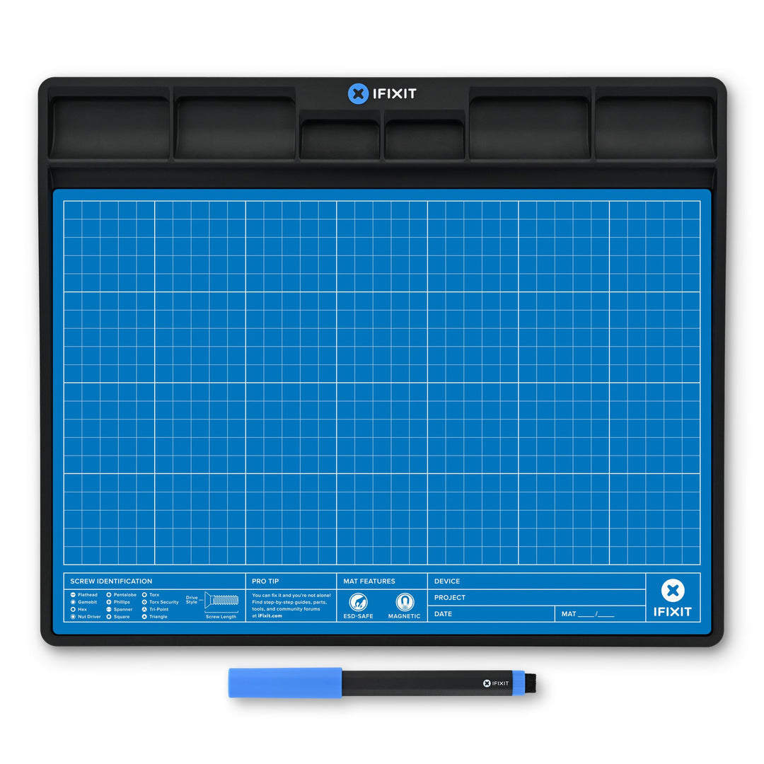 iFixit Magnetmatte – 300 × 250 mm, antistatisch, Bithalter, Stift, schwarz/blau/weiss