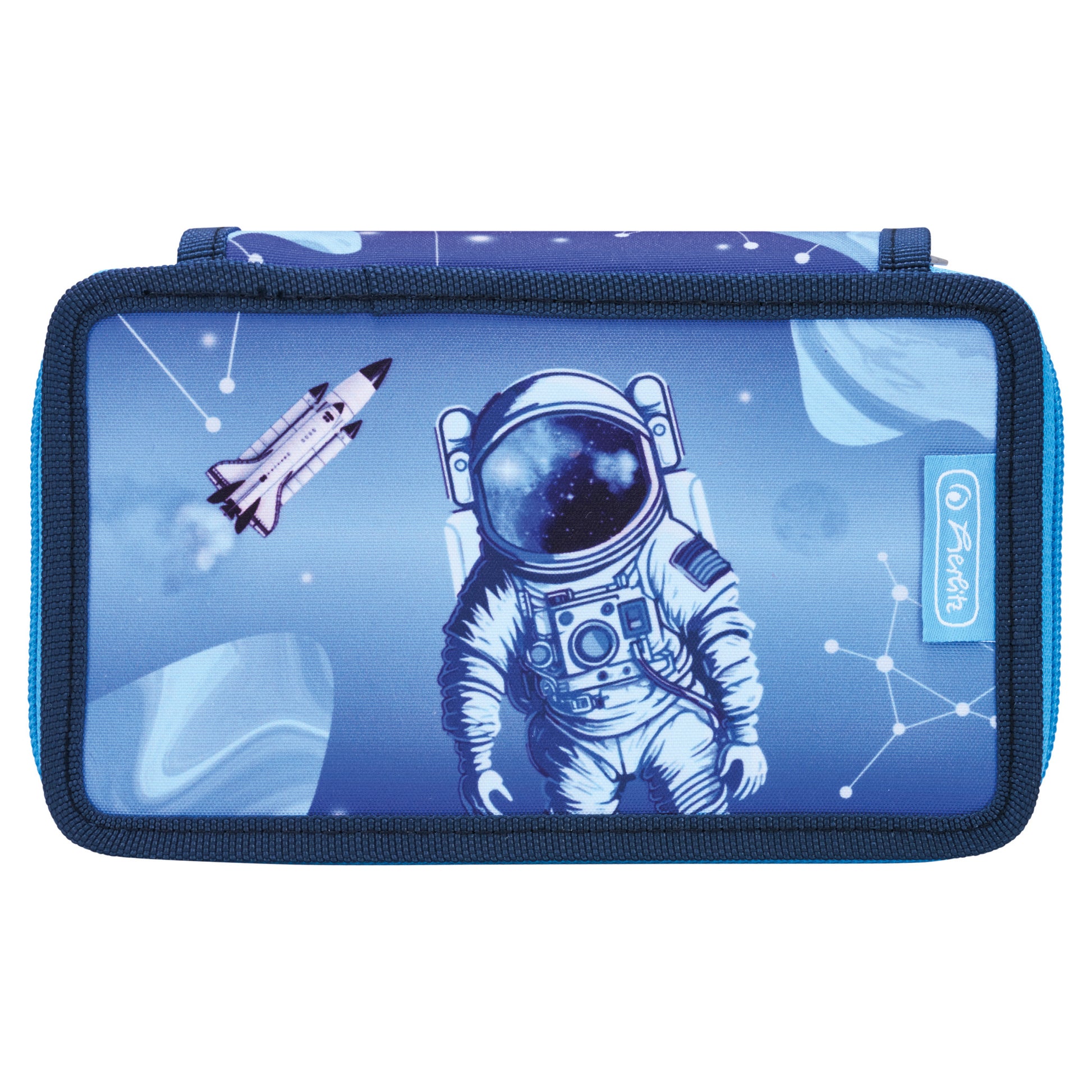 Herlitz Cosmic Explorer – Schüleretui, 2 Klappen, gefüllt (23-teilig), Blau, Polyester, 19,3 × 11,5 × 5 cm