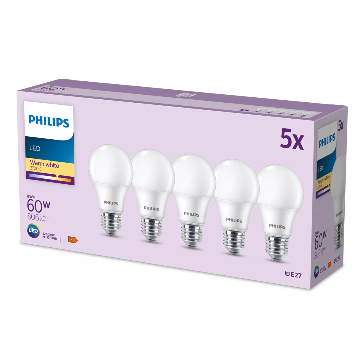 Philips by Signify Philips Leuchtmittel E27 A60 – 806 lm, 8 W, Warmweiss 2700 K – IP20 – 5 Stk. – Weiss/Kunststoff