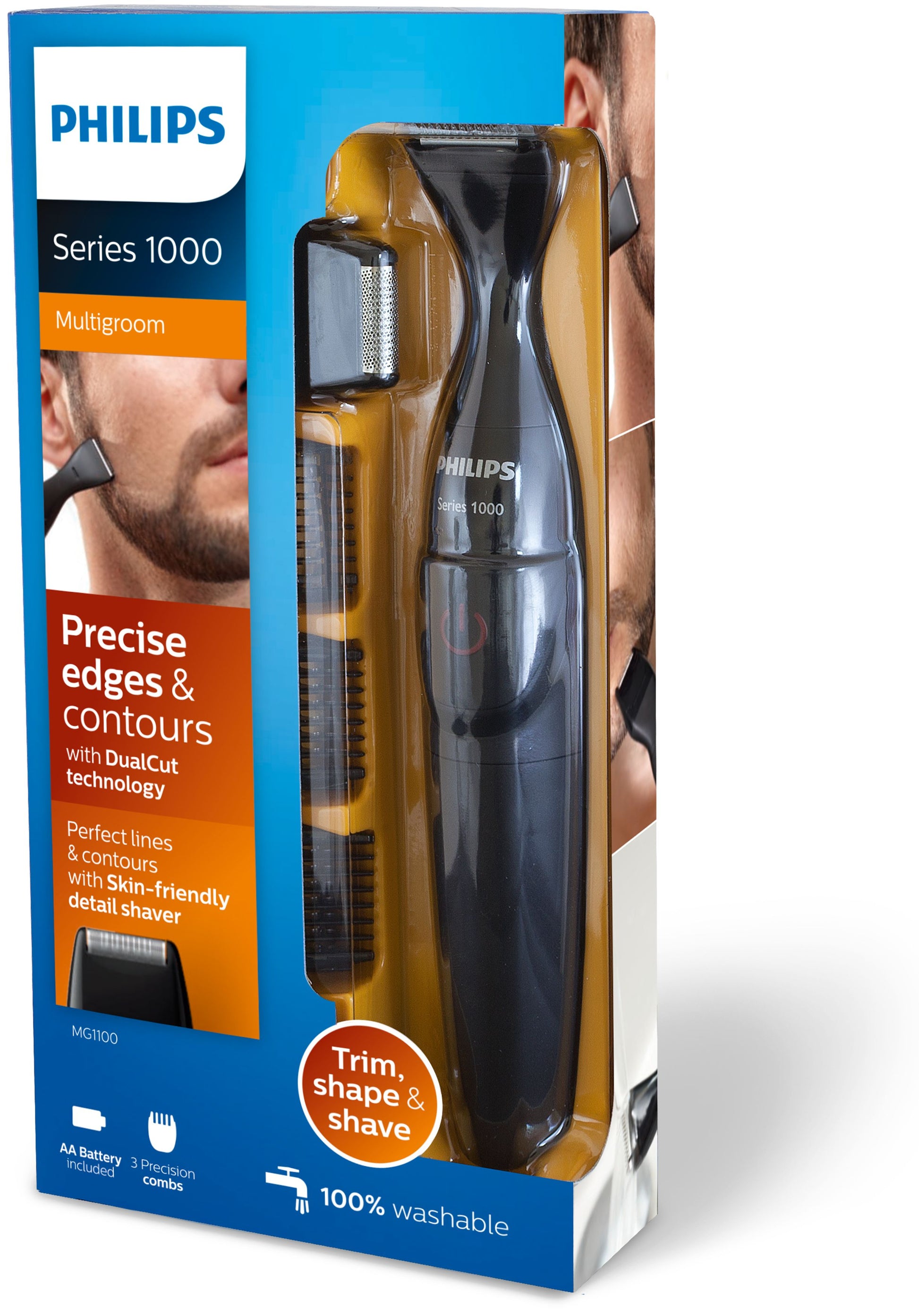 Philips Bartstyler Multigroom MG1100 – 4 Längeneinstellungen, 1–5 mm Schnittlänge, waschbar – Schwarz/Rot