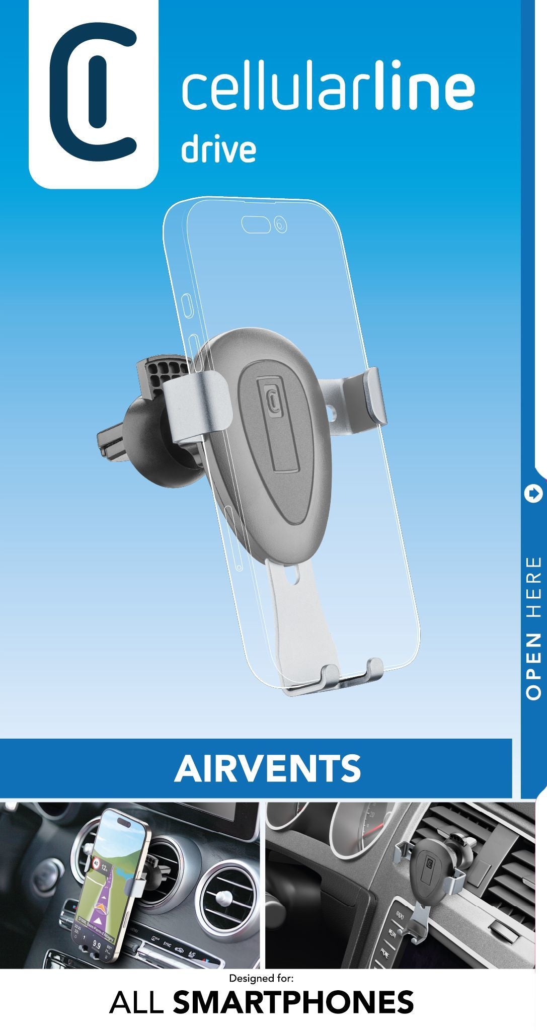 Cellularline Auto-Halterung, Lüftung, Clip, zusammenklappbar – für Smartphones bis 8,5 cm Breite – Schwarz