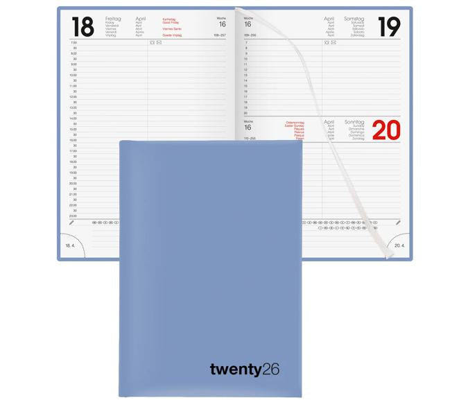 Biella Agenda – 1 Tag pro Seite, gebunden, 14,5 × 20,5 cm, 2026, 1/2-Stunden-Takt, blau, FSC