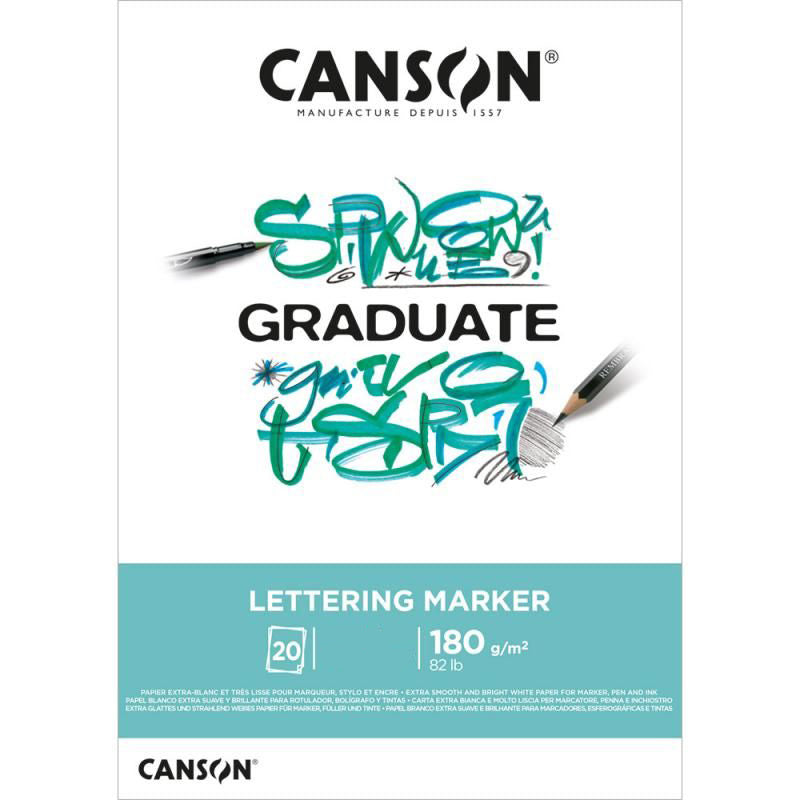 Canson Graduate Lettering Marker Skizzenblock – A3 – 180 g/m² – kurzseitig geleimt – 20 Blatt, weiss, für Marker