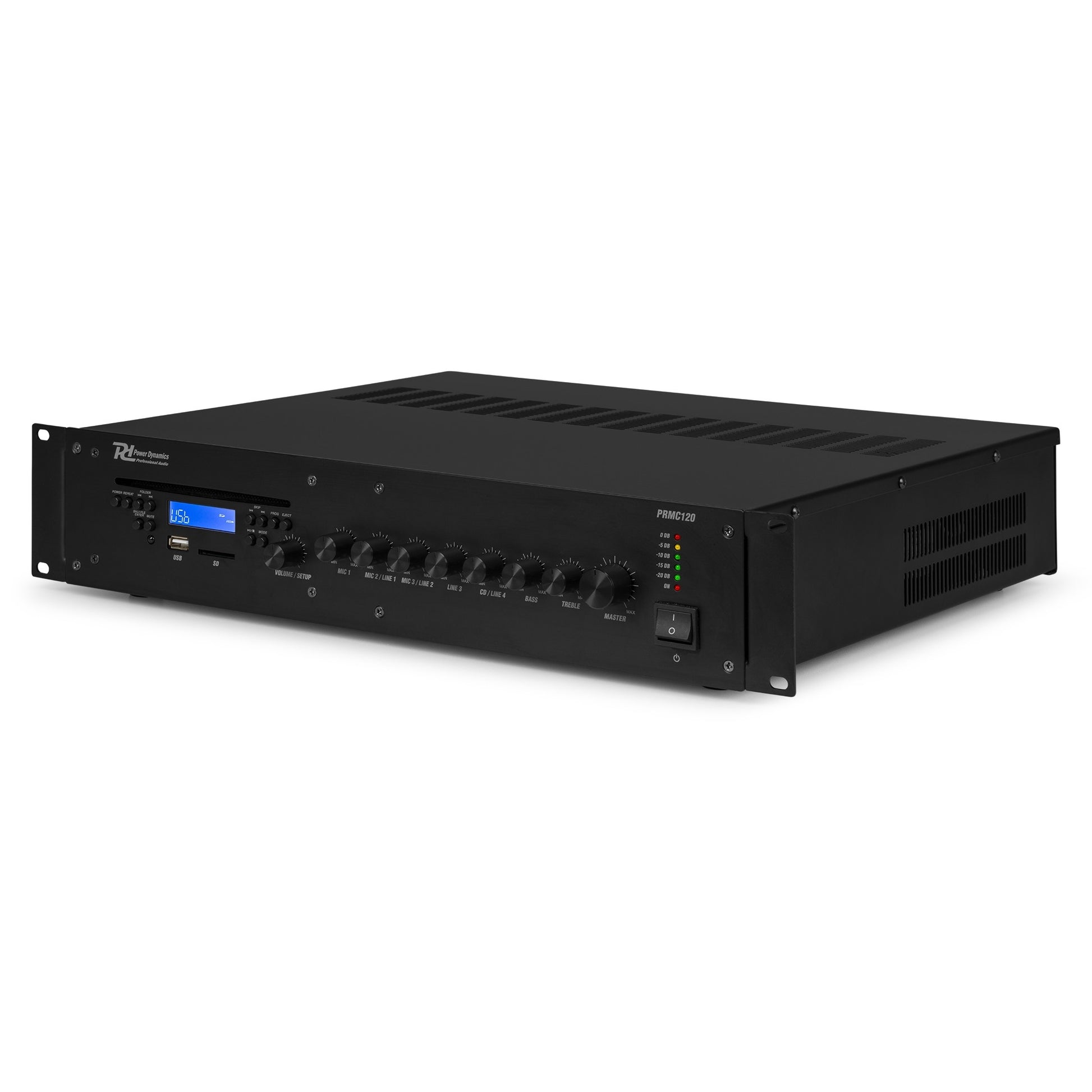 Power Dynamics PRC120 – Stereo-Vollverstärker, 120 W (8 Ω), RCA- & Mikrofoneingang, Schwarz
