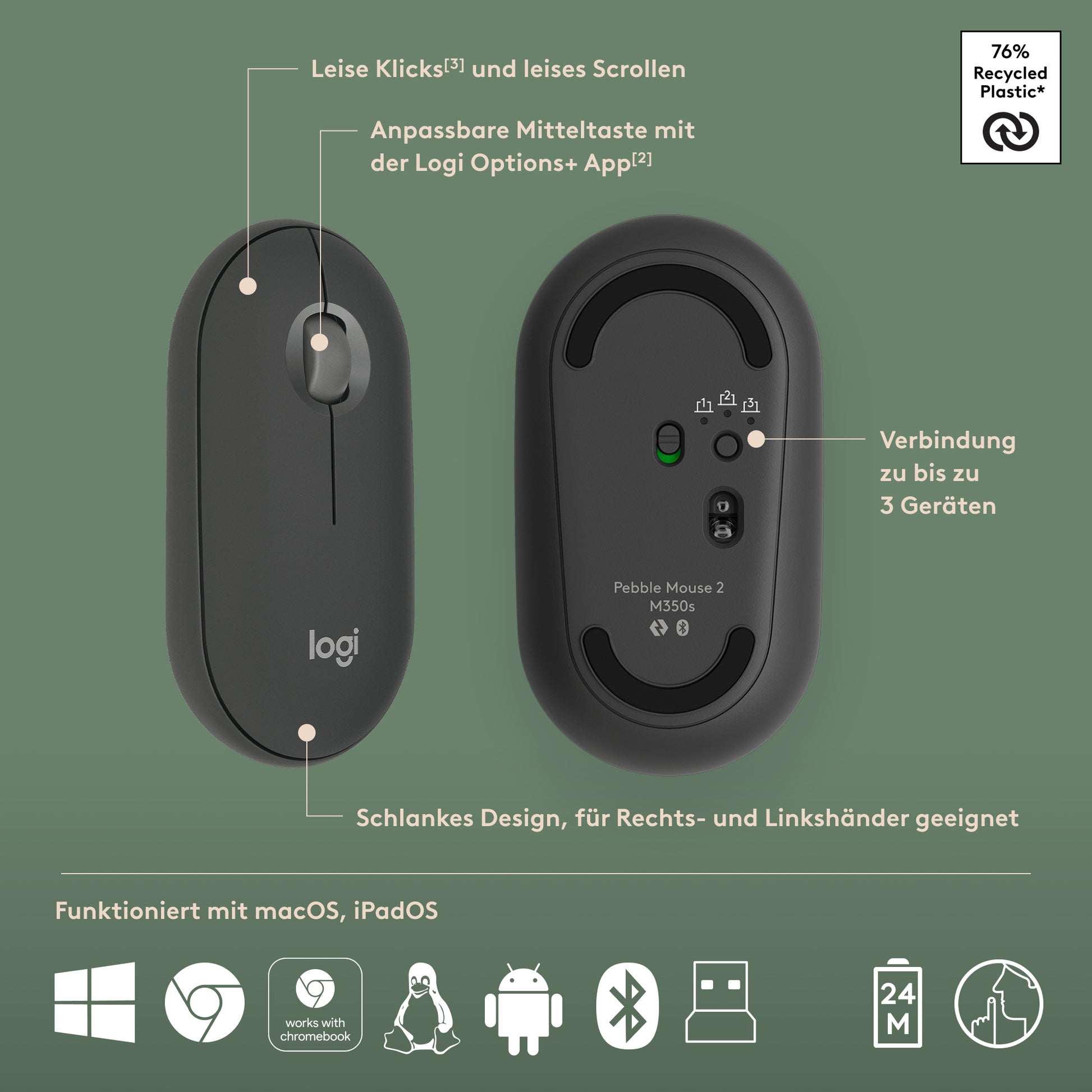 Logitech Pebble 2 Combo – Tastatur, kabellos (Bluetooth/2,4 GHz), DE-Layout (DE), Graphit