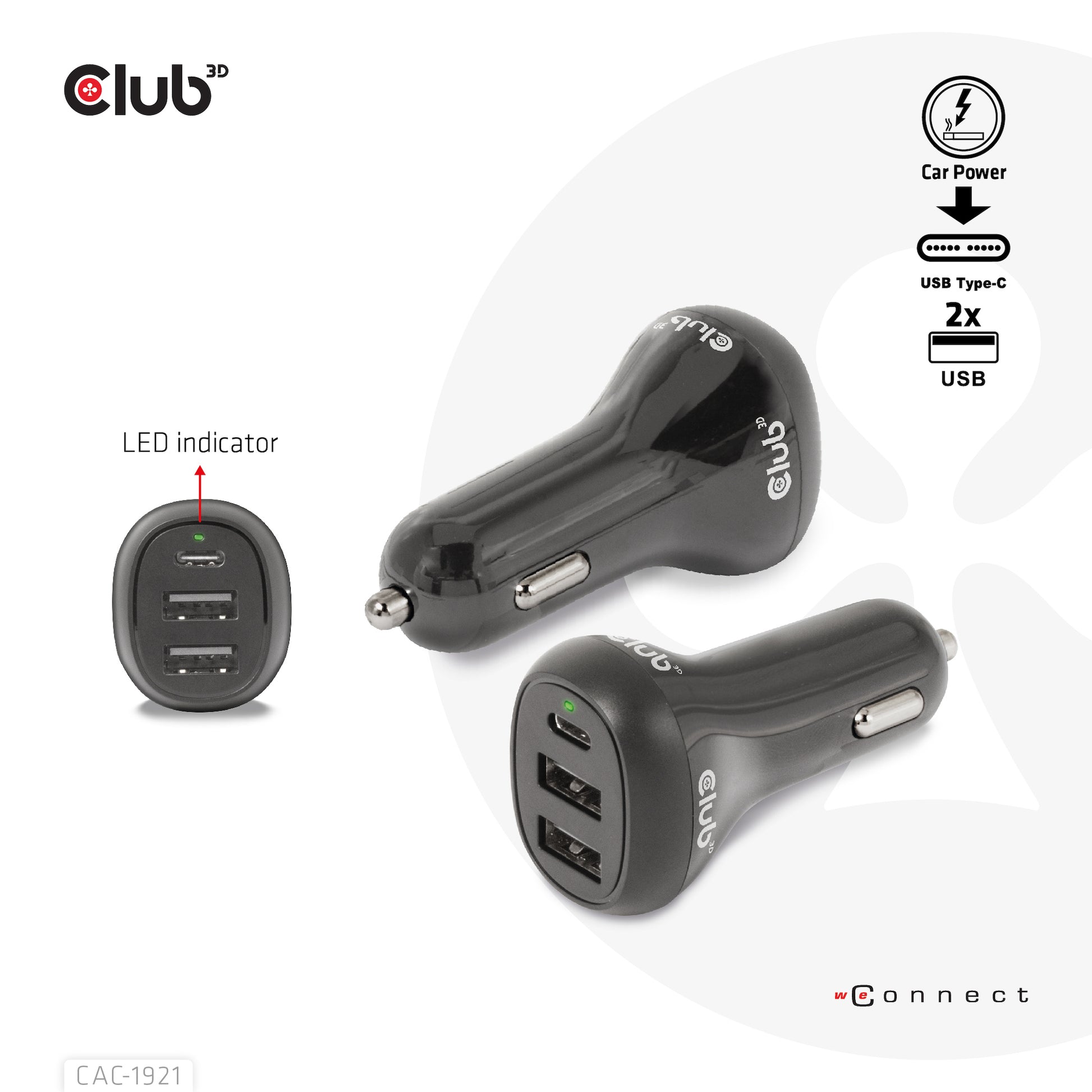 CLUB3D Club 3D CAC-1921 Auto-Ladegerät 36 W – USB-C×1, USB-A×2 – 12–24 V – Schwarz