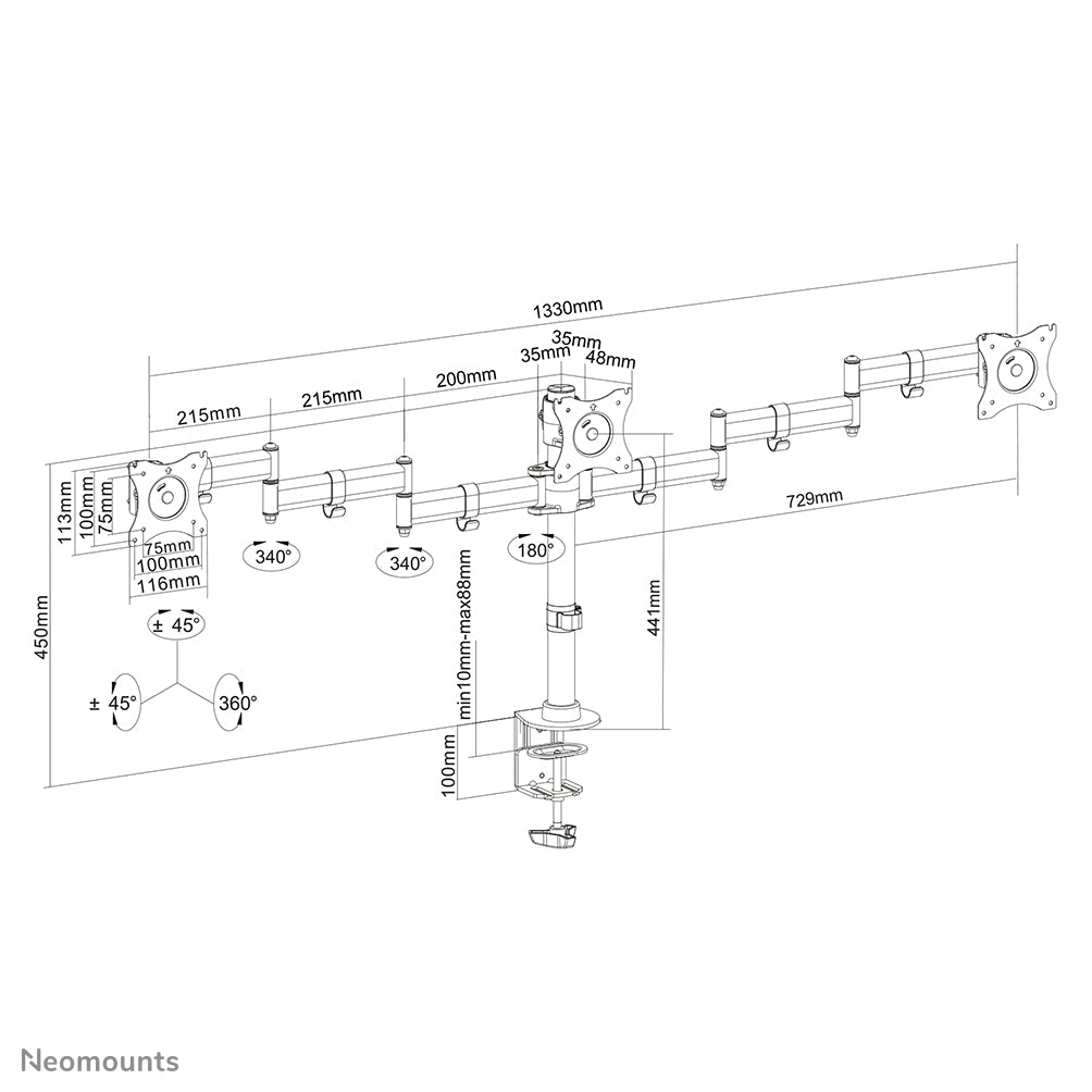 Neomounts NM-D135D3BLACK – Monitorarm, Dreifach, Tischklemme, bis 27", VESA 75 × 75/100 × 100 mm, 8 kg