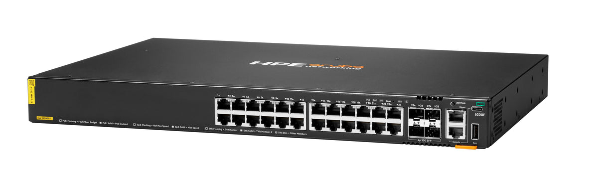 HPE Aruba Networking CX 6200F 24G – Managed L3 Switch – 24× 1G, 4× SFP+, PoE+, PoE Budget 370 W, 19", 1U