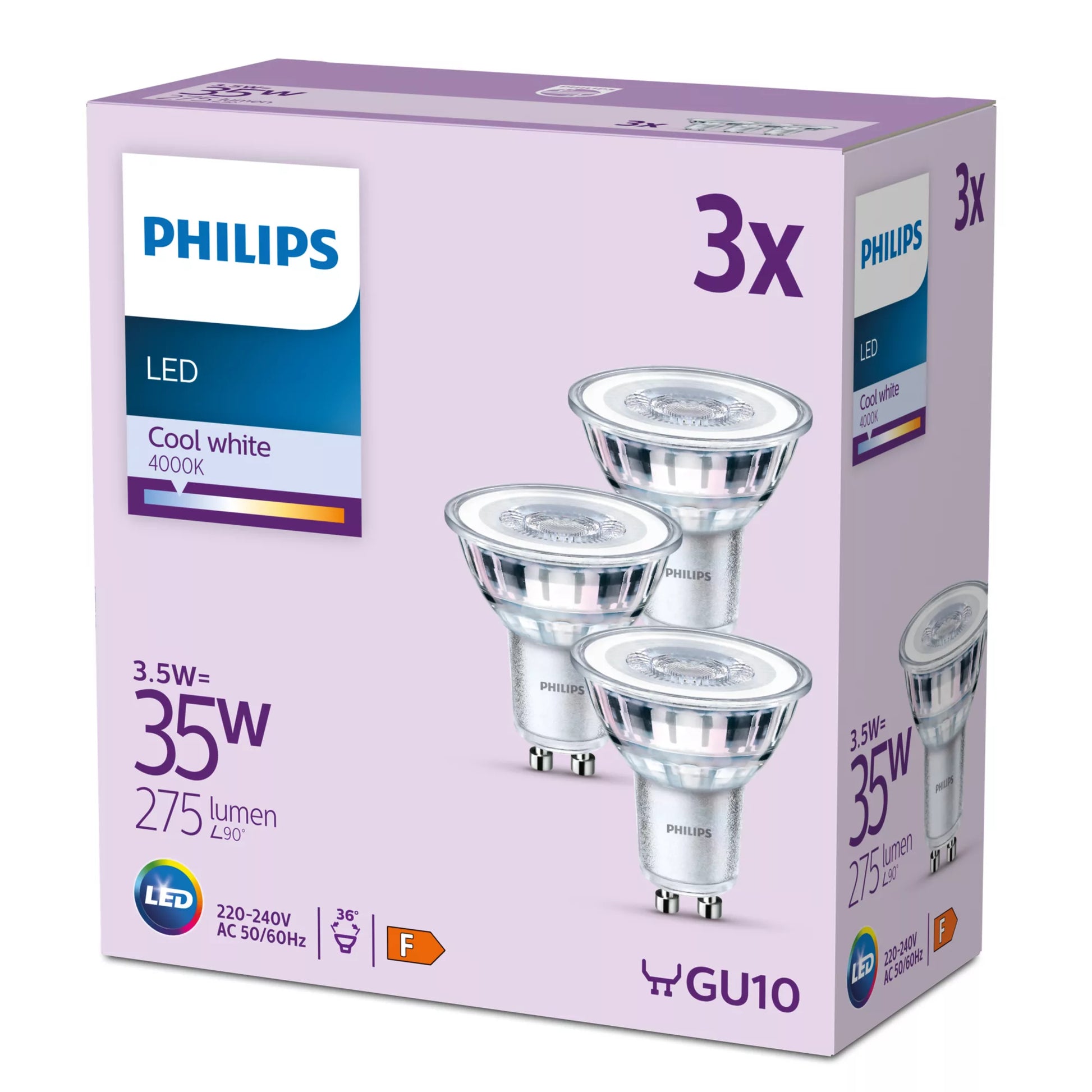 Philips by Signify Philips LED-Leuchtmittel GU10 Reflektor – Neutralweiss 4000 K, 275 lm, 3,5 W, 36° – 3 Stk., Silber/Glas
