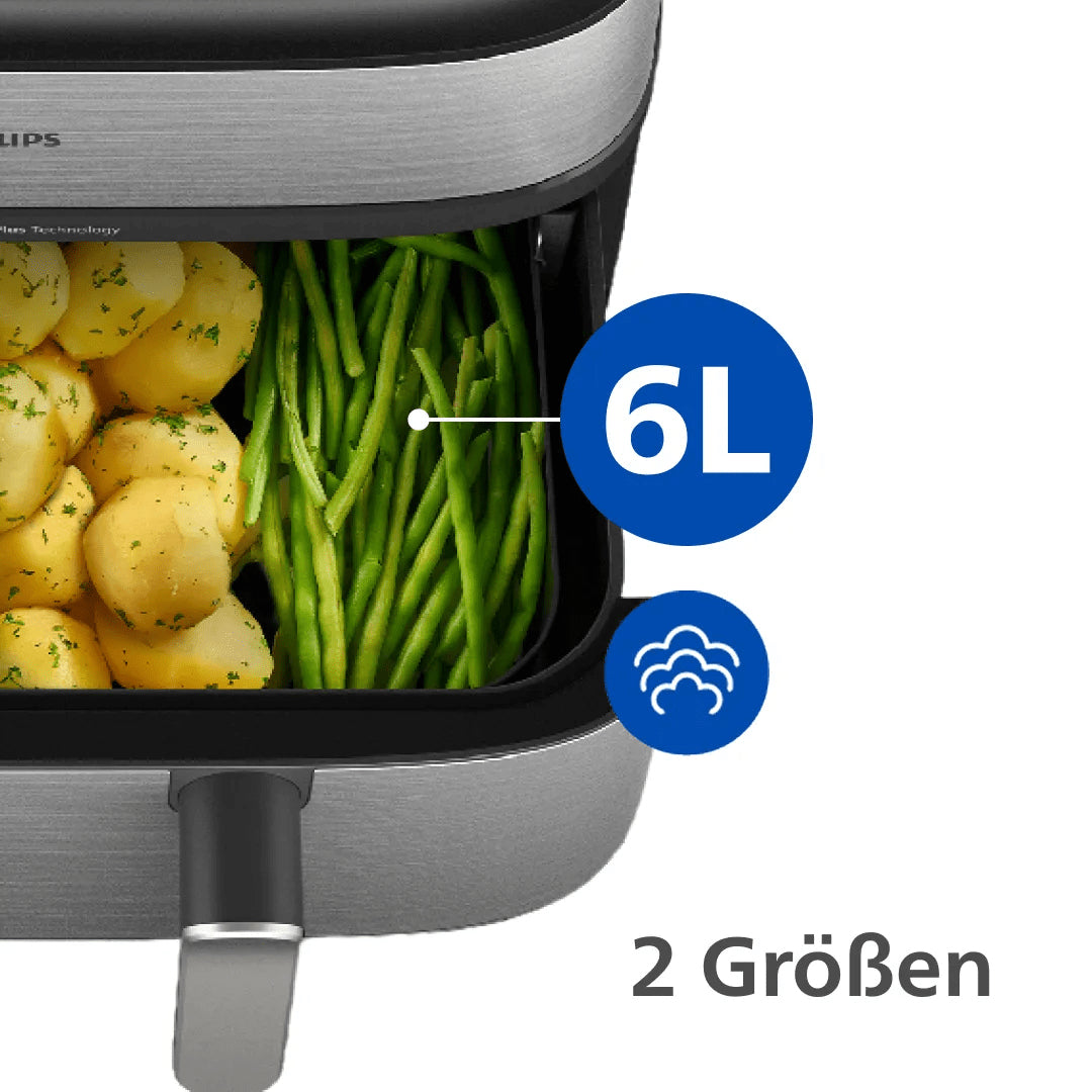 Philips Heissluftfritteuse NA555/00 – 9 l, Doppelkorb & Rapid Air, 2750 W – silber